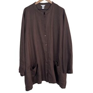 Gillian Grey Brown 100% Linen Mandarin Collar Button Down Tunic Top 34 Lagenlook